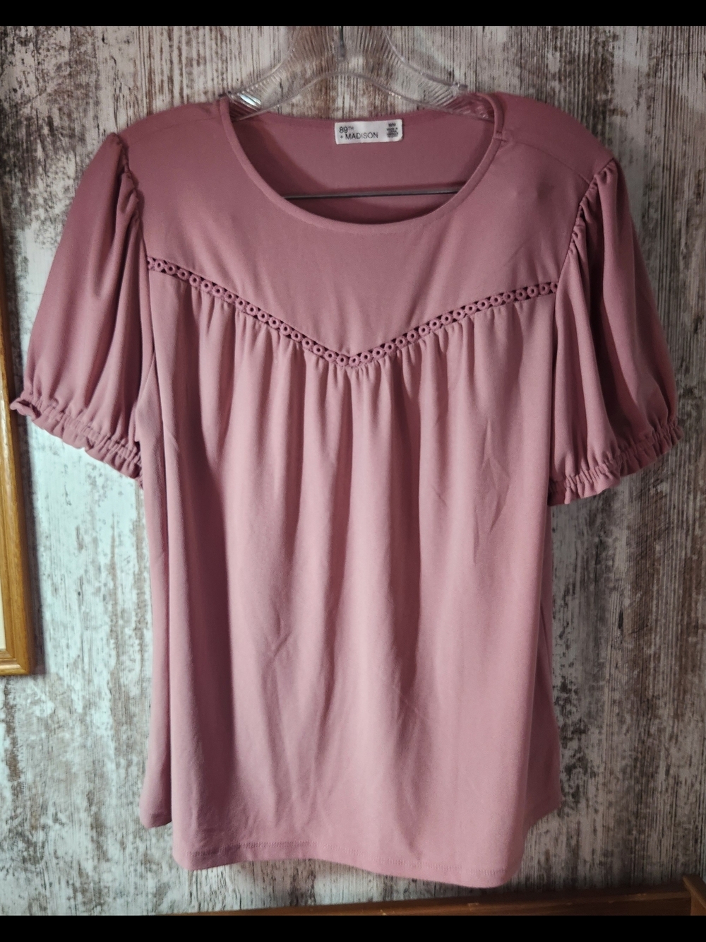 89th & Madison Dusty Rose Mauve Pink Crochet Yoke Puff Sleeve Top Sz M